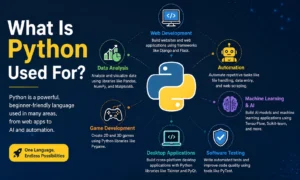 What Is Python Used For infographic showing web development, data analysis, automation, AI, game development, and software testing