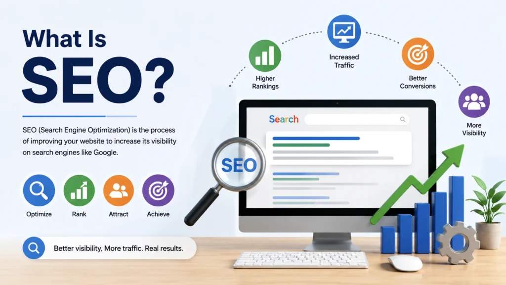 Modern SEO illustration showing search engine optimization with rankings, traffic growth, search results, and website optimization.