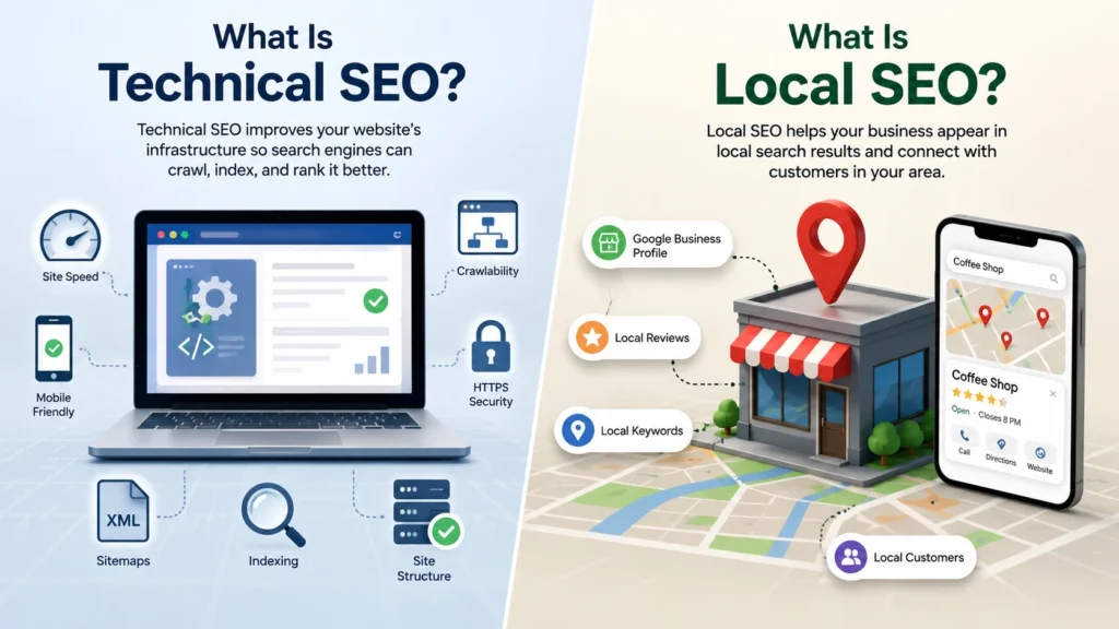 llustration comparing technical SEO and local SEO with website optimization, search engine crawling, maps, and local business visibility.