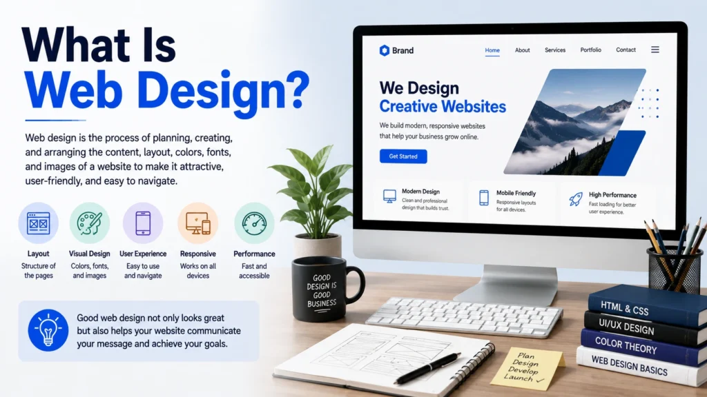 What is web design infographic showing layout, visual design, user experience, responsive design, and website performance