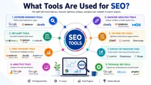 What tools are used for SEO infographic showing keyword research, SEO audits, rank tracking, analytics, backlinks, and content optimization