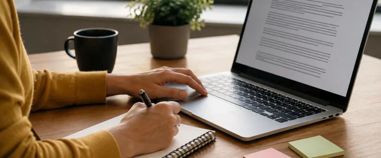 writing-blog-post-laptop-notebook-desk Person typing on a laptop and taking notes in a spiral notebook at a wooden desk with coffee and a plant