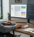 developer-dual-monitor-web-design-coding-workspace Male developer working at a wide curved monitor showing a website mockup and code editor side by side, in a modern home office.coding workspace