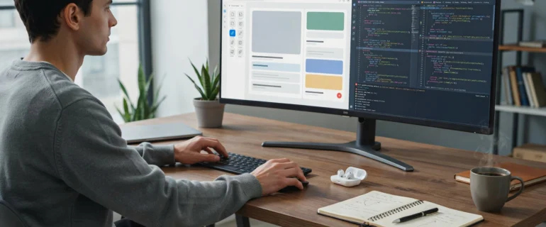 Male developer working at a wide curved monitor showing a website mockup and code editor side by side, in a modern home office.coding workspace