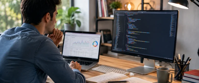 developer reviewing code and analytics dashboard