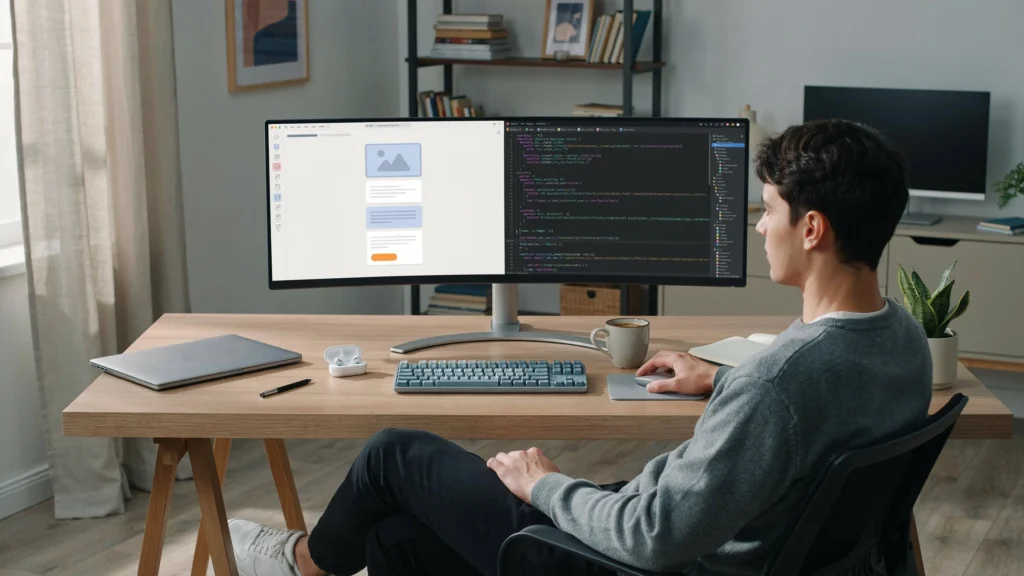 Young developer viewed from behind, working at a curved monitor split between a simple webpage layout and a code editor, in a cozy home office with bookshelves. workspace