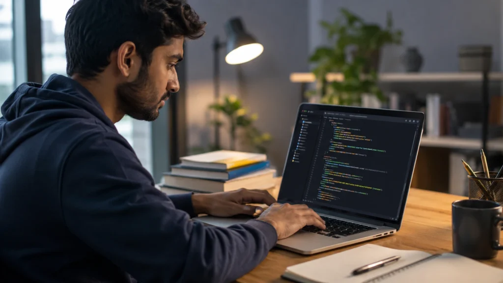 Young man learning Python programming on a laptop