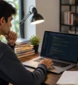 learning-python-programming-career-skill Young man studying Python code on a laptops