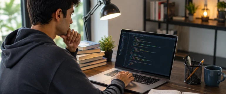 Young man studying Python code on a laptops